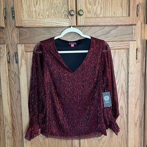 Vince Camuto Metallic Red V-Neck Blouse
